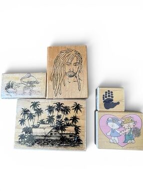 Set a five random wood mounted rubber stamps